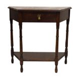 Reproduction oak credence table, 20th Century, 76cm x 33cm x 73cm high Condition: Some scuffs and