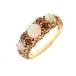 9ct gold dress ring set three circular opal cabochons and four small red stones, size O, 3.2g