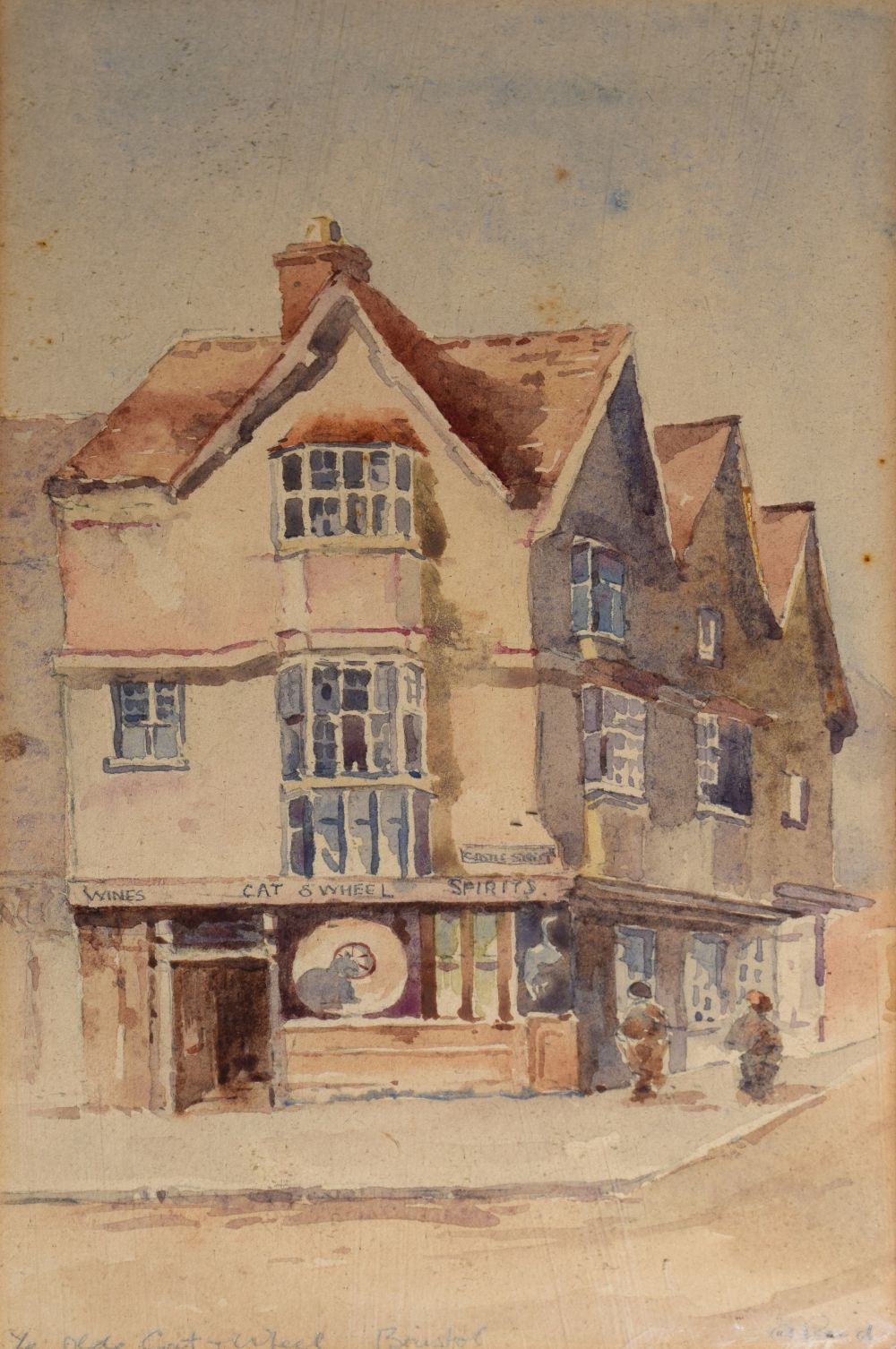 A.Reid - Watercolour - 'Ye Olde Cat and Wheel, Bristol', signed lower right, 21.5cm x 12cm, framed