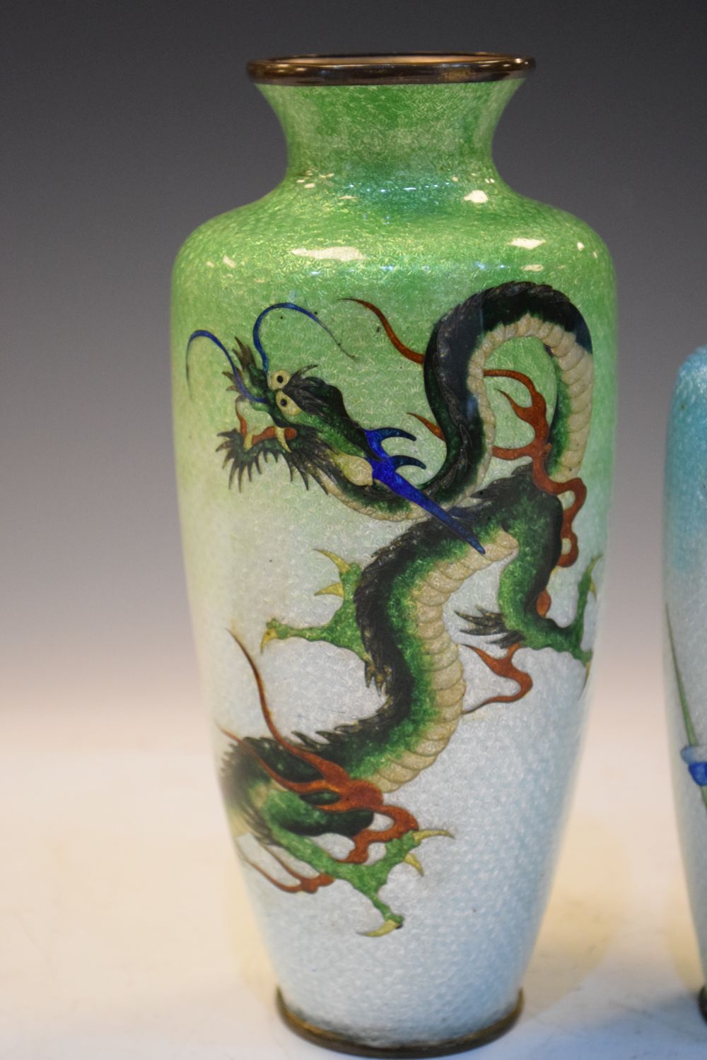Chinese cloisonne enamel shouldered vase decorated with a mythical dragon, two Iris decorated vases, - Image 16 of 17