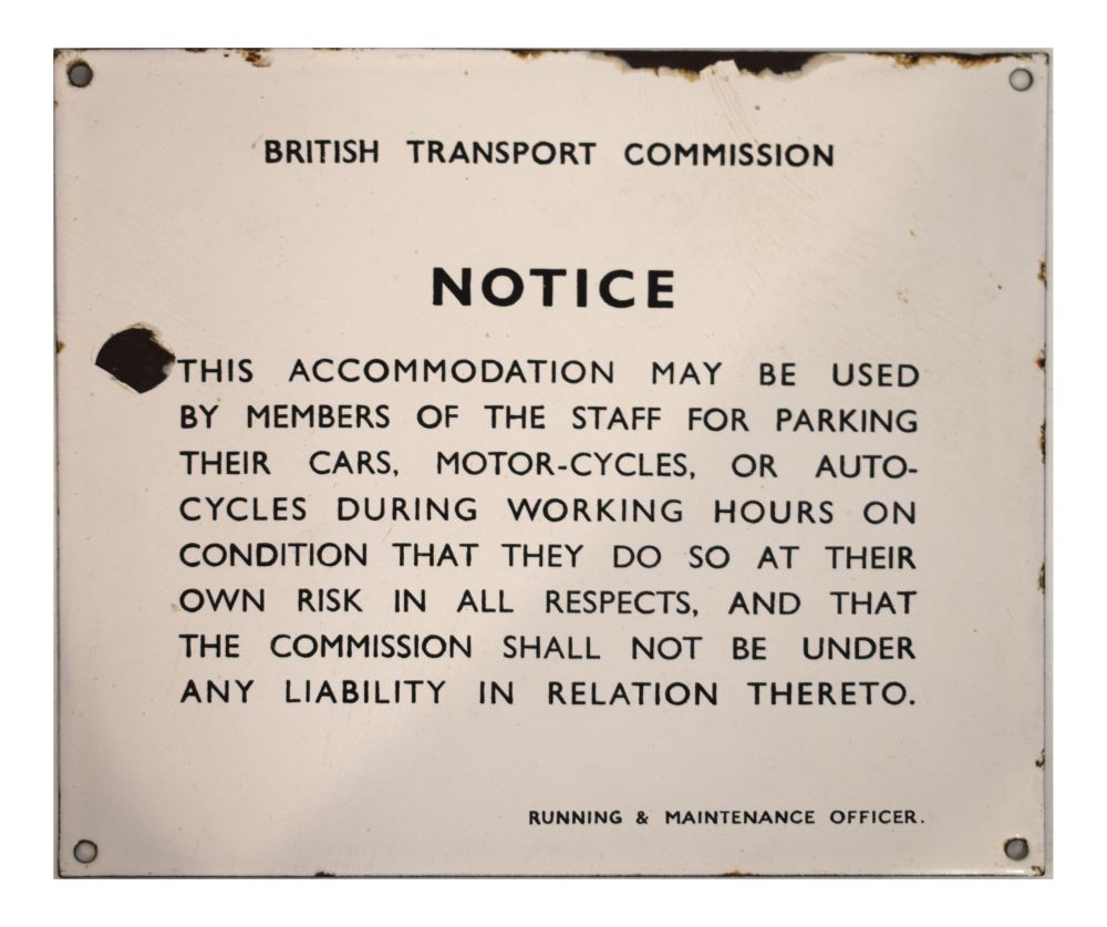 Vintage British Transport Commission enamel notice sign, 26.5cm x 30.5cm Condition: Losses to the