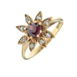 9ct gold dress ring set red garnet-coloured stone within flowerhead border of white stones, size N½,