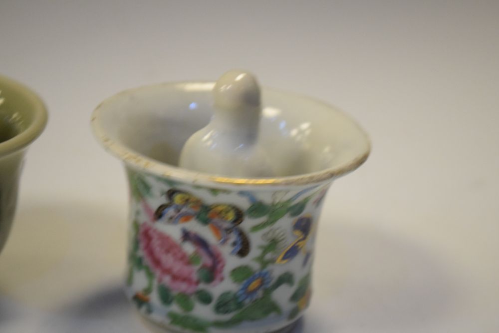 19th Century Chinese porcelain 'justice' cup, together with a 20th Century celadon example, 8cm high - Image 4 of 11