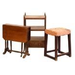 Three-tier mahogany what-not with drawer, walnut Sutherland table, upholstered oak country stool,