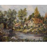 L.R. Matthews - Oil on canvas - A river/cottage scene, signed lower right, 54cm x 67.5cm, in gilt