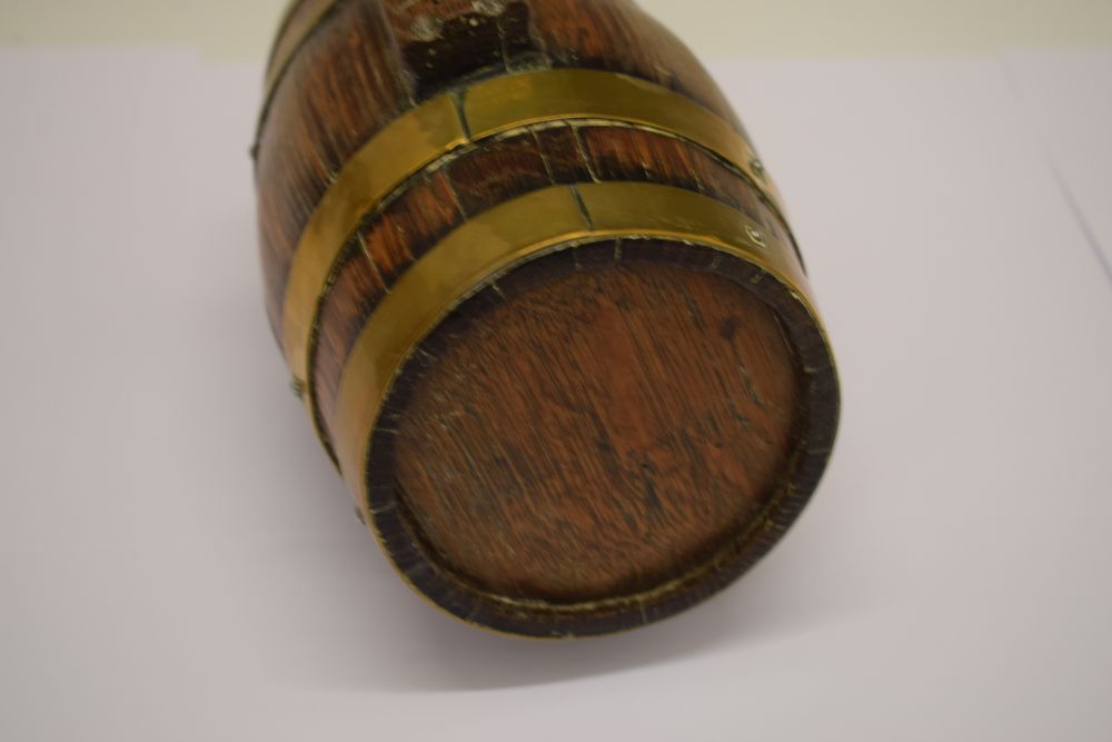 Brass bound liqueur costrel barrel, 18cm high x 10cm wide Condition: Signs of woodworm damage - Image 5 of 5