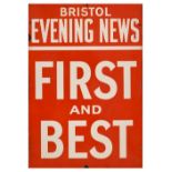 Local Interest - Large Bristol Evening News 'First and Best' red enamel advertising sign, 76cm x