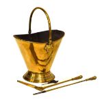 Brass coal bucket and part fire iron set Condition: Light dents to body, liner present, fire irons