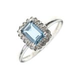 White metal dress ring set rectangular aquamarine-coloured emerald-cut stone, shank stamped 9ct,