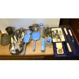 Guilloche enamel dressing table set and a quantity of plated wares Condition: Enamel appears to be