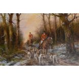 B.Collins - Oil on canvas - Hunting scene, signed lower right, 60cm x 90.5cm, gilt frame