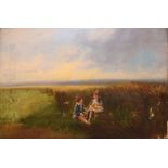 19th Century English School - Oil on canvas - Landscape with two children picking flowers, 36cm x