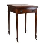 Early 20th Century mahogany envelope card table, fitted one frieze drawer on square tapered supports