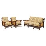 Three piece oak bergère suite with caned panels Condition: Measurements - the three seater is