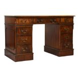 20th Century mahogany reproduction twin pedestal desk with leatherette inset top, 124cm x 62cm x