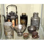 Quantity of various Asian metal items to include pewter tankard dated 1946, tea caddy, metal lined