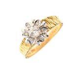 18ct gold diamond cluster ring with textured shoulders, size N, 3.6g gross approx Condition: **Due