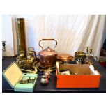 Quantity of copper, brass and plated wares to include; set of brass bell weights Condition: **Due to