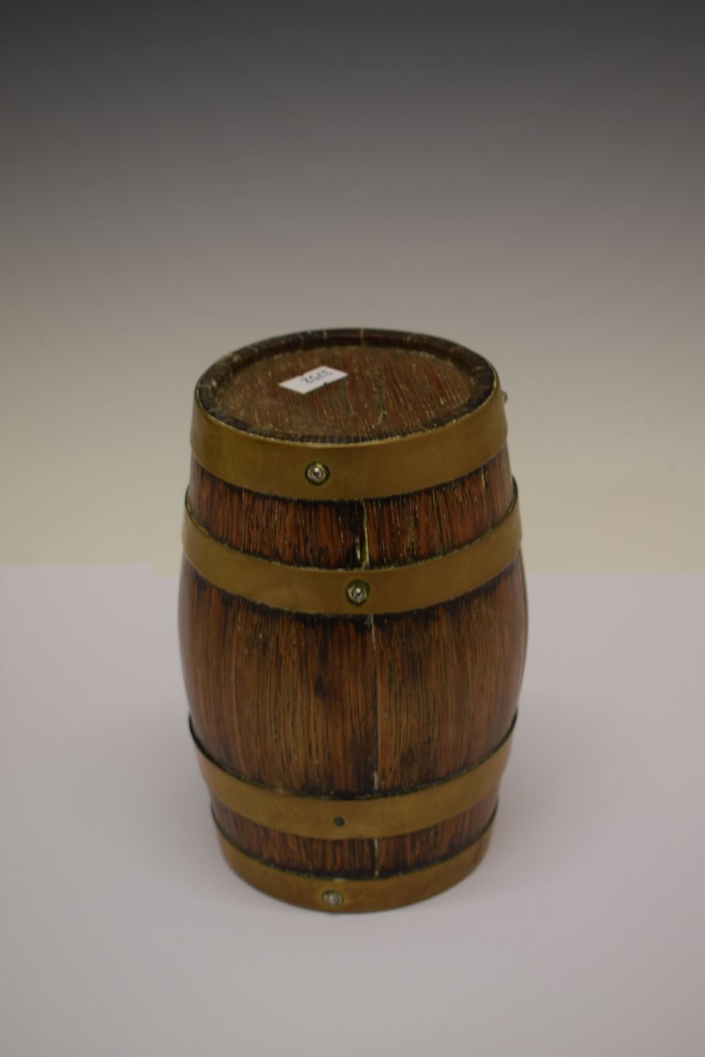 Brass bound liqueur costrel barrel, 18cm high x 10cm wide Condition: Signs of woodworm damage - Image 4 of 5