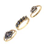 Three assorted 9ct gold rings, the first of blue stones testing as sapphires, 6.8g gross approx (