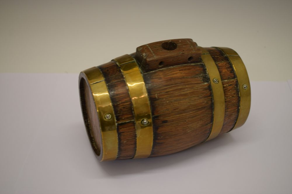 Brass bound liqueur costrel barrel, 18cm high x 10cm wide Condition: Signs of woodworm damage - Image 3 of 5