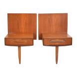 Modern Design - Pair of G-Plan teak wall mounted bedside cabinets, fitted one drawer, 59cm wide