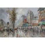 Oil on canvas - French street scene, signed lower right, 59cm x 89.5cm, in gilt frame Condition: