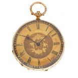 Gentleman's yellow metal full hunter pocket watch having central foliate decoration, case stamped