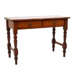 Mahogany two drawer table, 74cm high x 107cm wide Condition: Large amount of scratches and some