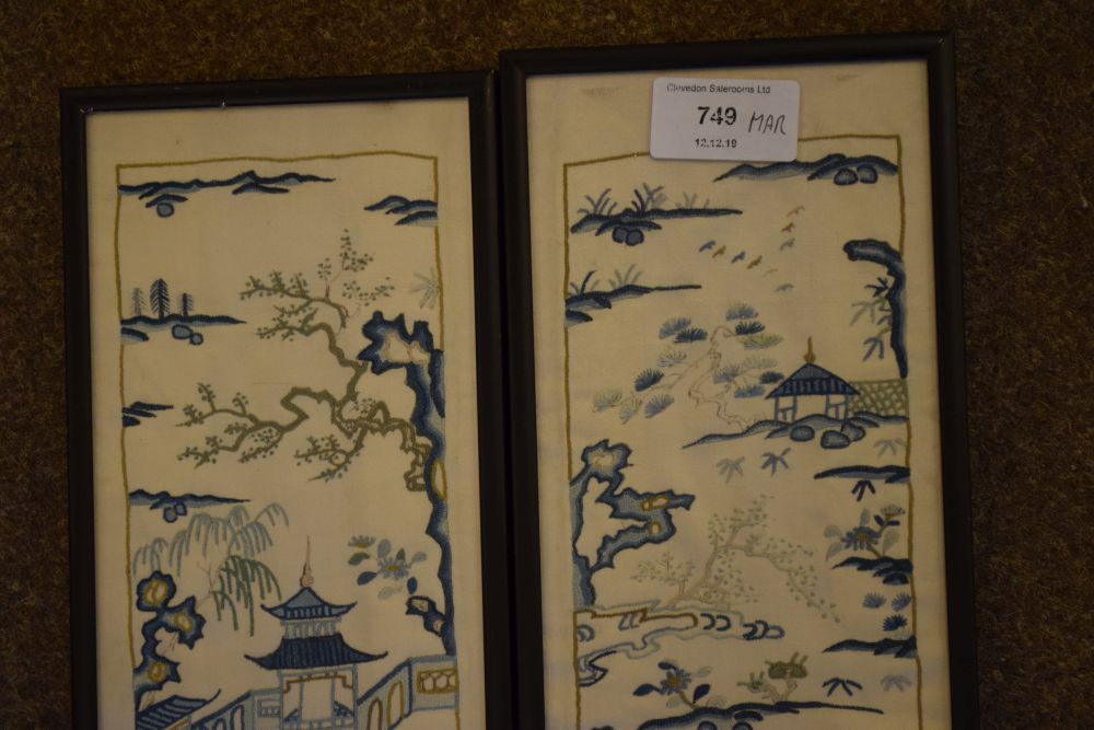 Two Chinese silk embroidered sleeve panels, both worked with landscape scenes, 55cm x 10cm - Image 2 of 6