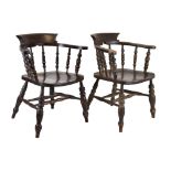 Near pair of smokers bow armchairs, widest seat 49cm approx Condition: Both chairs have stains and