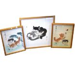 Chinese study of cats on woven paper, 33cm x 33cm, framed and glazed, together with two painted silk