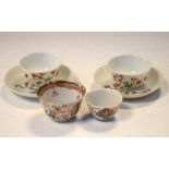 Group of Japanese porcelain tea wares, comprising two Kakiemon tea bowls and saucers and two Imari