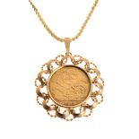 Gold Coin - George V sovereign 1913, together with 9ct gold pendant frame and fancy-link chain,