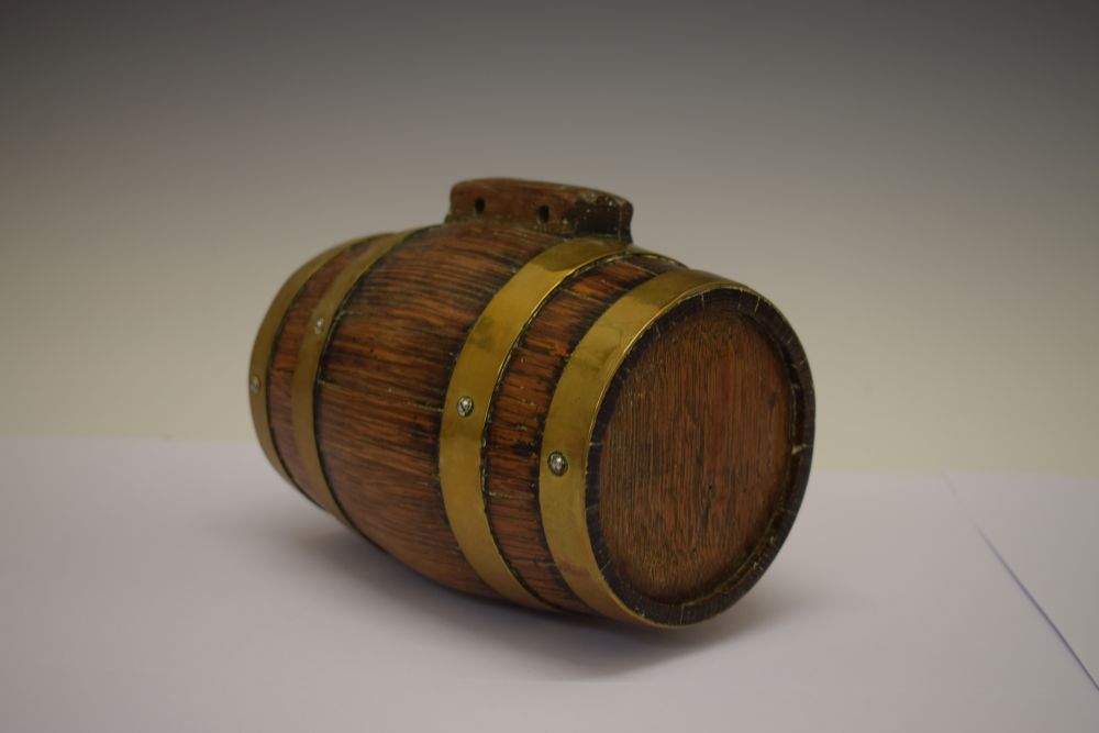 Brass bound liqueur costrel barrel, 18cm high x 10cm wide Condition: Signs of woodworm damage - Image 2 of 5