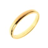Unmarked yellow metal wedding band, tests as 18ct equivalent, size O, 3.5g approx Condition: **Due