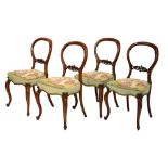 Set of four Victorian balloon back dining chairs, having green upholstered seats depicting girls