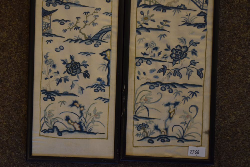 Two Chinese silk embroidered sleeve panels, both worked with landscape scenes, 55cm x 10cm - Image 5 of 6