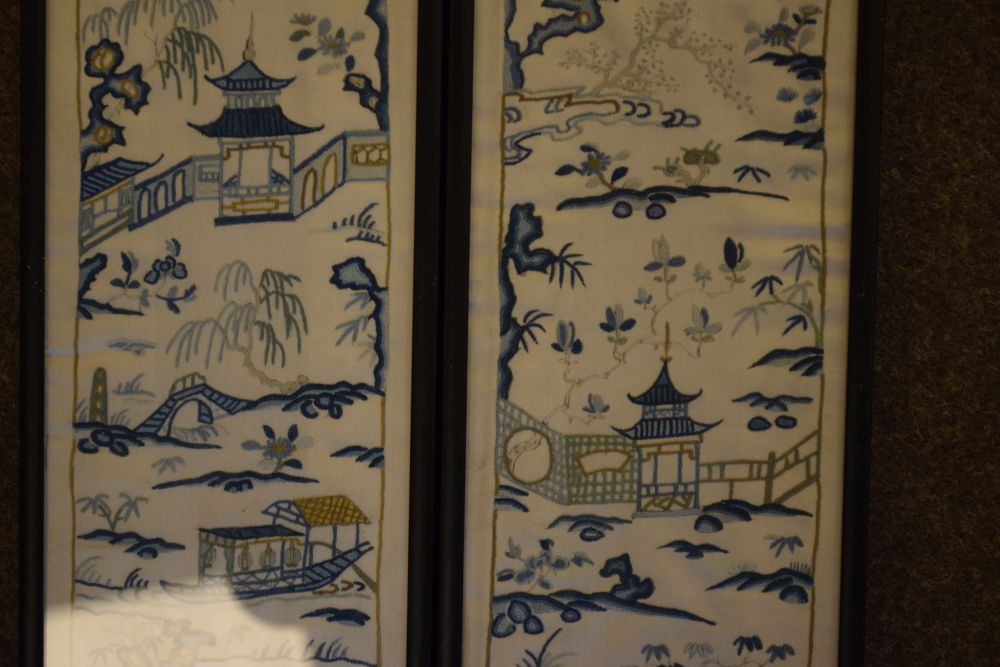 Two Chinese silk embroidered sleeve panels, both worked with landscape scenes, 55cm x 10cm - Image 3 of 6