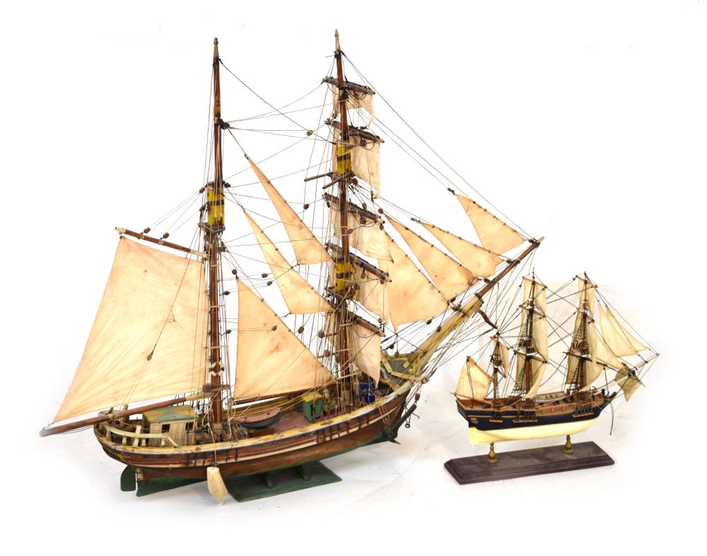 Queen Elizabeth wooden sailing boat (78cm x 92cm), together with a small model of HMS Bounty