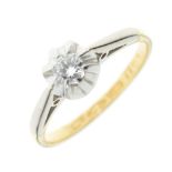Yellow metal, platinum and diamond dress ring with single stone, shank stamped 18ct and Plat, size