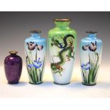 Chinese cloisonne enamel shouldered vase decorated with a mythical dragon, two Iris decorated vases,