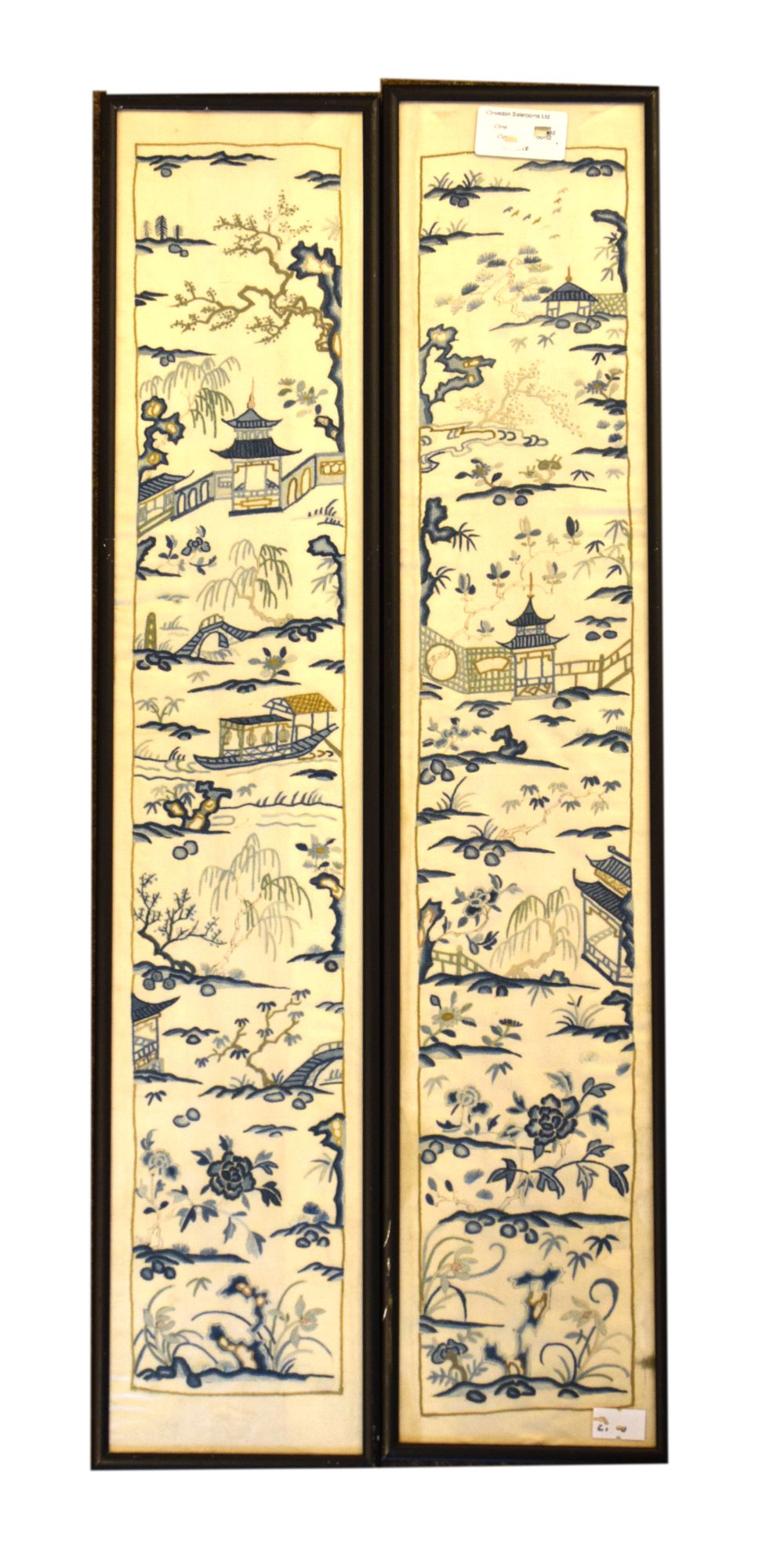 Two Chinese silk embroidered sleeve panels, both worked with landscape scenes, 55cm x 10cm