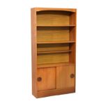 Modern Design - Teak finish bookcase, the lower section fitted two door cupboard, 180cm high x