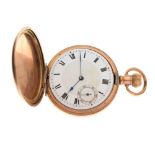 Early 20th Century gold-plated full hunter cased pocket watch, white Roman dial with subsidiary at