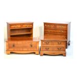 Modern yew wood chest of drawers, bedside chest of drawers, two drawer bookcase, and chest 75cm x