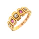 Victorian 15ct gold, ruby and seed pearl dress ring, Birmingham 1878, size P, 3.2g gross approx