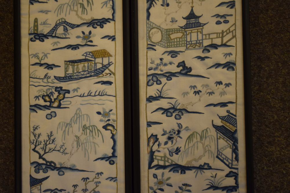 Two Chinese silk embroidered sleeve panels, both worked with landscape scenes, 55cm x 10cm - Image 4 of 6