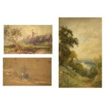 Quantity of watercolours and prints to include; watercolour landscape signed J. Maurice, View of