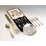 Quantity of silver and white metal items to include; a cased set of George V silver cake forks,